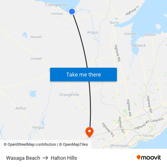Wasaga Beach to Halton Hills map