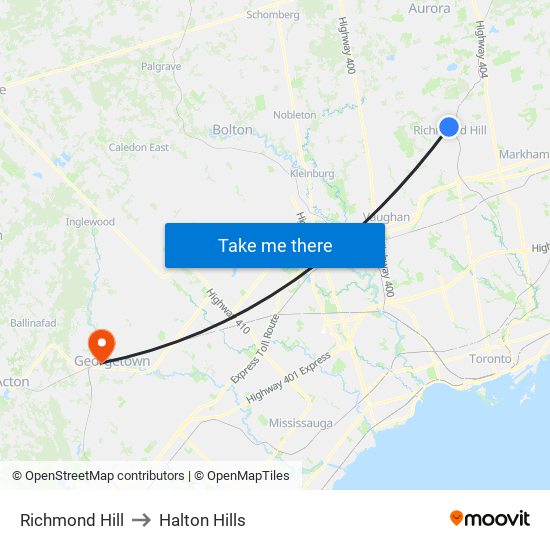 Richmond Hill to Halton Hills map
