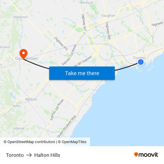 Toronto to Halton Hills map