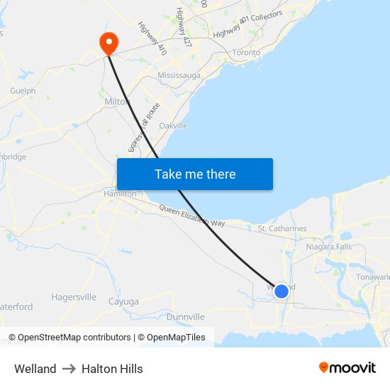 Welland to Halton Hills map