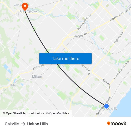 Oakville to Halton Hills map