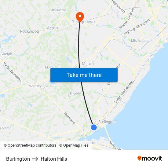 Burlington to Halton Hills map