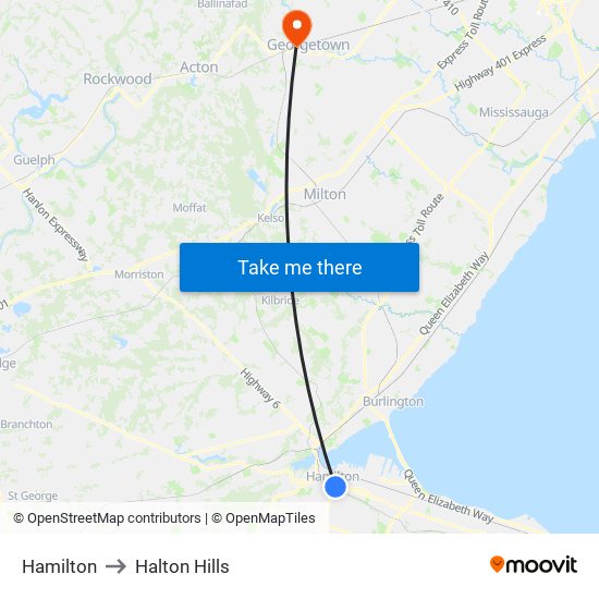 Hamilton to Halton Hills map