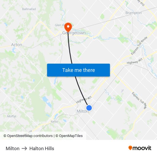 Milton to Halton Hills map