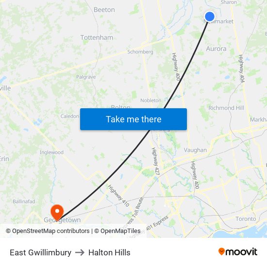 East Gwillimbury to Halton Hills map