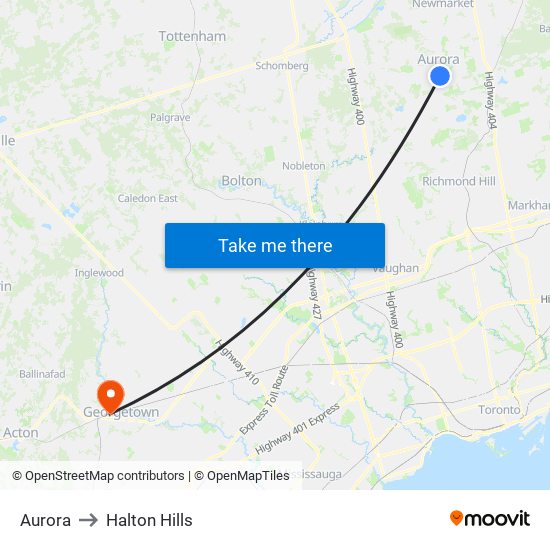 Aurora to Halton Hills map
