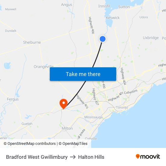 Bradford West Gwillimbury to Halton Hills map