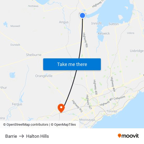 Barrie to Halton Hills map