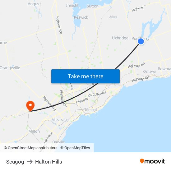 Scugog to Halton Hills map