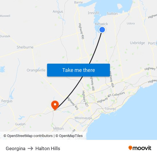 Georgina to Halton Hills map