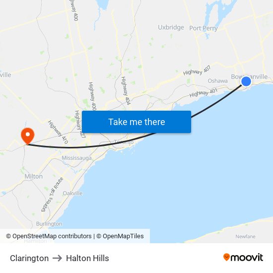 Clarington to Halton Hills map