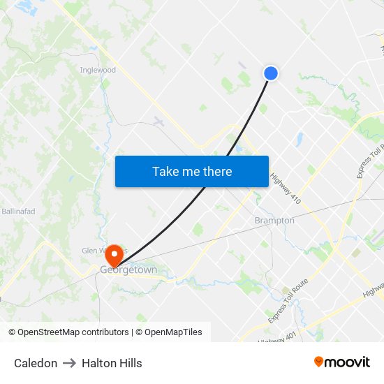 Caledon to Halton Hills map