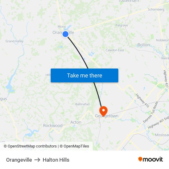 Orangeville to Halton Hills map