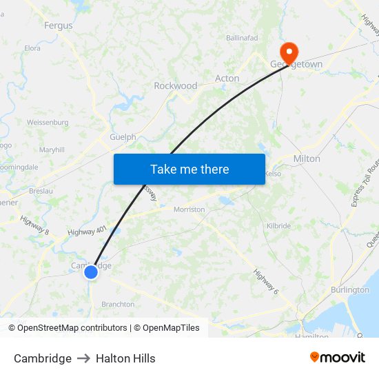 Cambridge to Halton Hills map