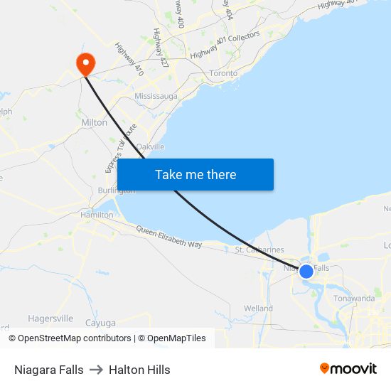 Niagara Falls to Halton Hills map