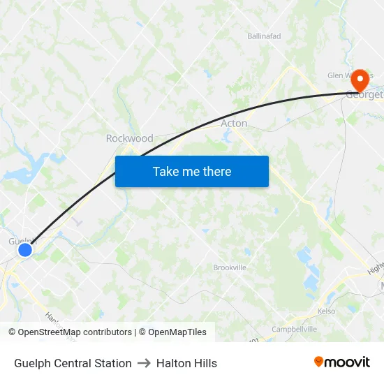 Guelph Central Station to Halton Hills map