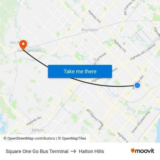 Square One Go Bus Terminal to Halton Hills map