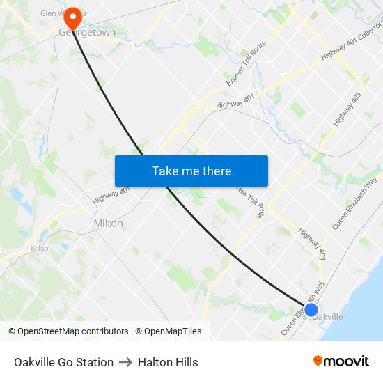 Oakville Go Station to Halton Hills map