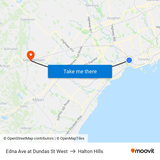 Edna Ave at Dundas St West to Halton Hills map