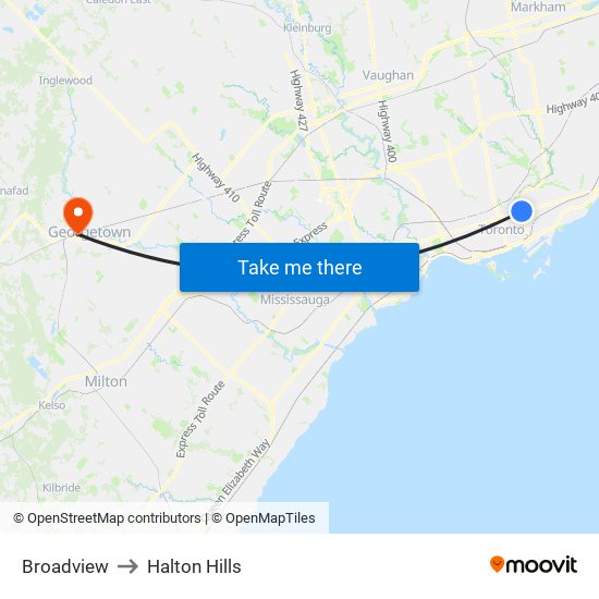 Broadview to Halton Hills map