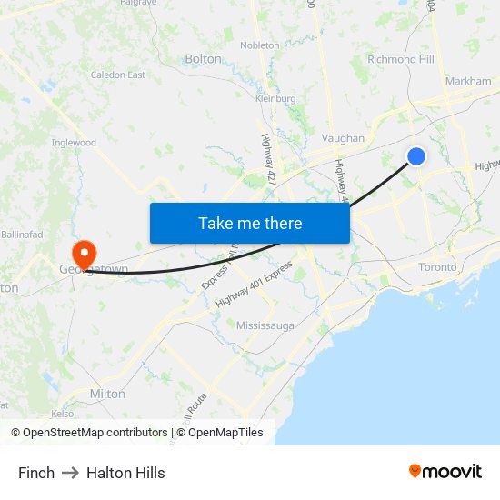 Finch to Halton Hills map