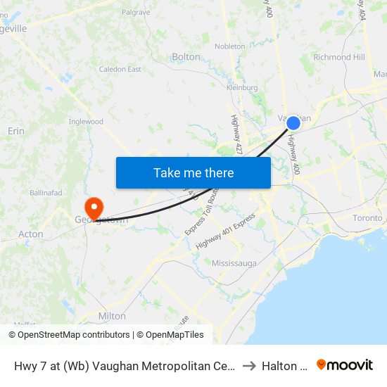 Hwy 7 at (Wb) Vaughan Metropolitan Centre Station to Halton Hills map