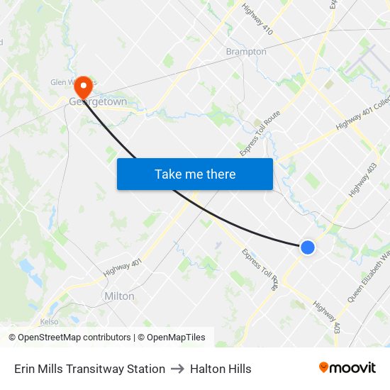 Erin Mills Transitway Station to Halton Hills map