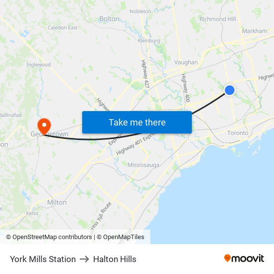 York Mills Station to Halton Hills map