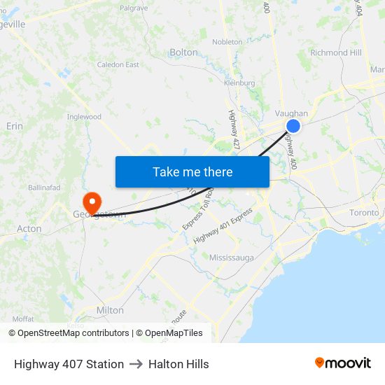 Highway 407 Station to Halton Hills map