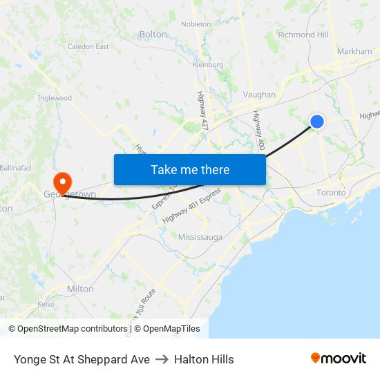 Yonge St At Sheppard Ave to Halton Hills map