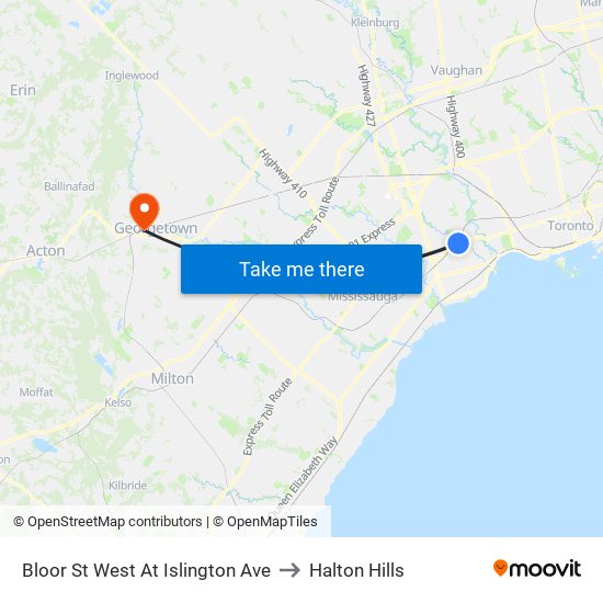 Bloor St West At Islington Ave to Halton Hills map