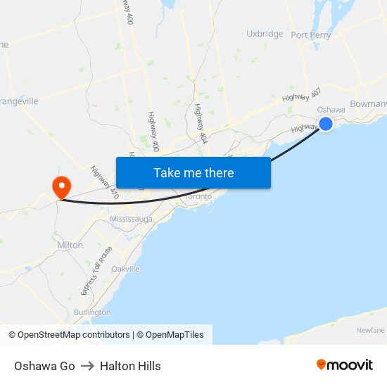 Oshawa Go to Halton Hills map