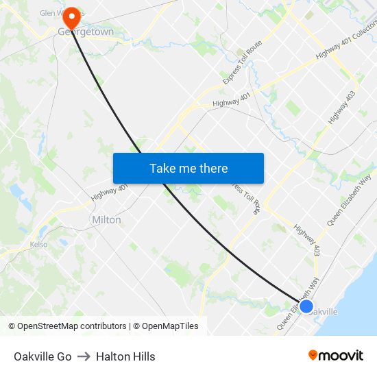 Oakville Go to Halton Hills map