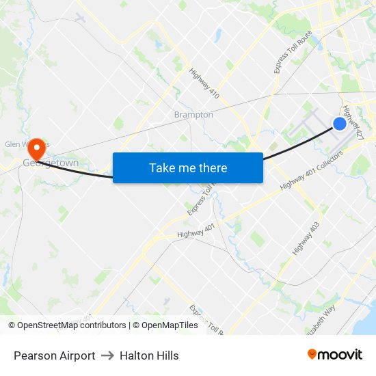 Pearson Airport to Halton Hills map