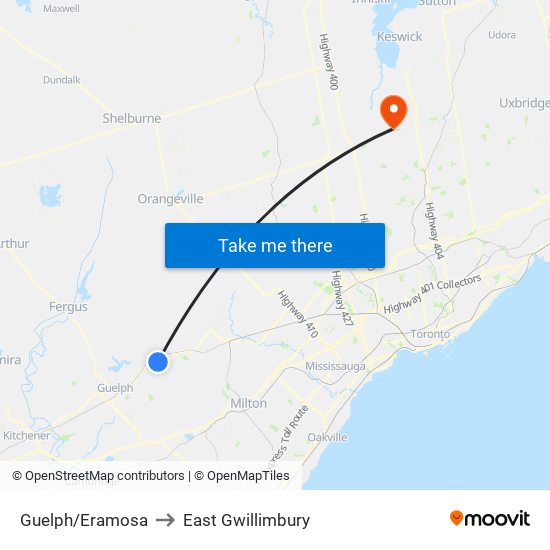 Guelph/Eramosa to East Gwillimbury map