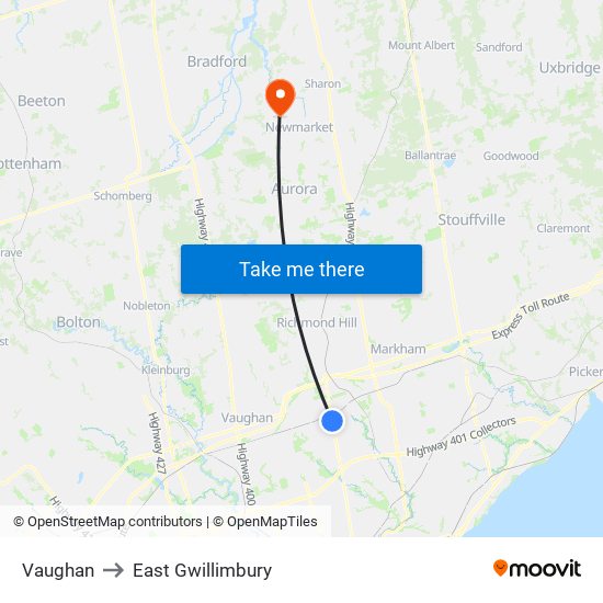 Vaughan to East Gwillimbury map