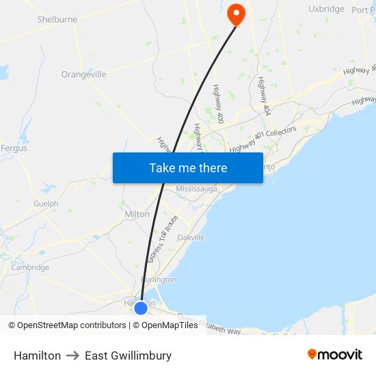 Hamilton to East Gwillimbury map