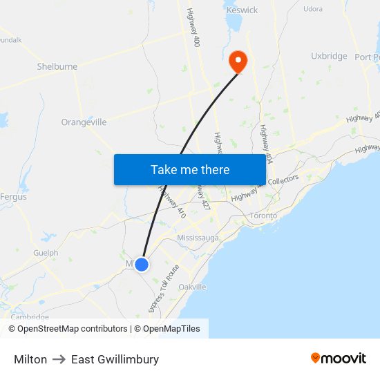 Milton to East Gwillimbury map