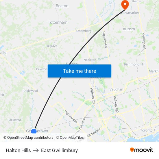 Halton Hills to East Gwillimbury map
