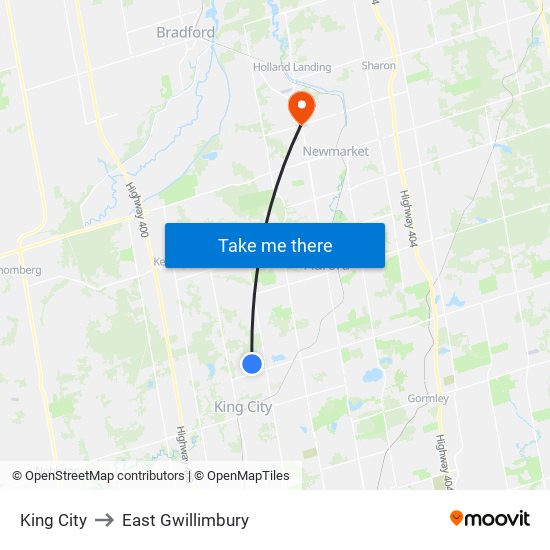 King City to East Gwillimbury map