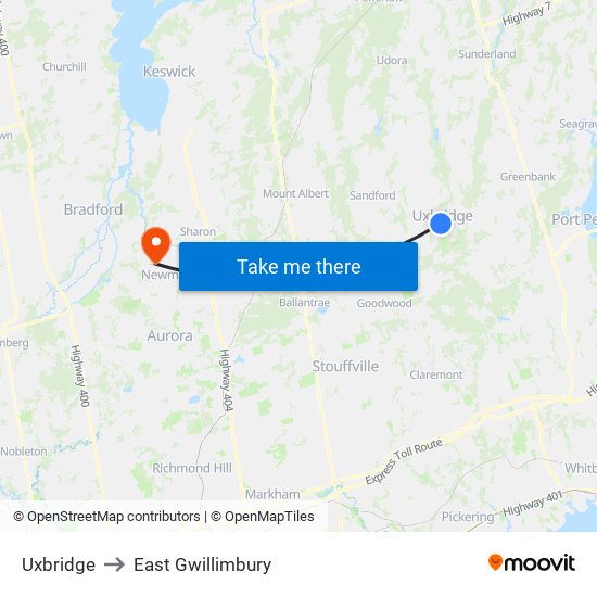 Uxbridge to East Gwillimbury map