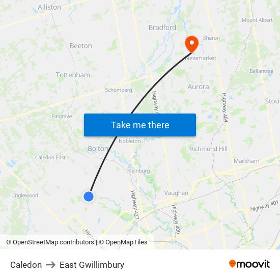 Caledon to East Gwillimbury map