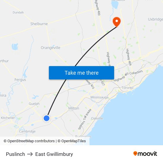 Puslinch to East Gwillimbury map