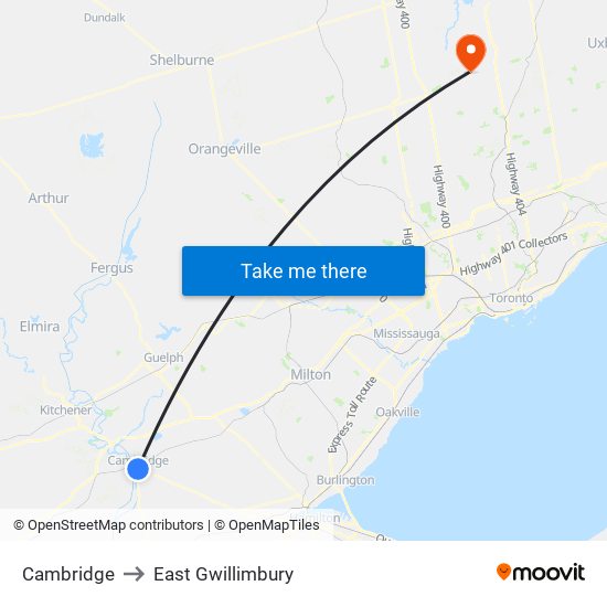 Cambridge to East Gwillimbury map