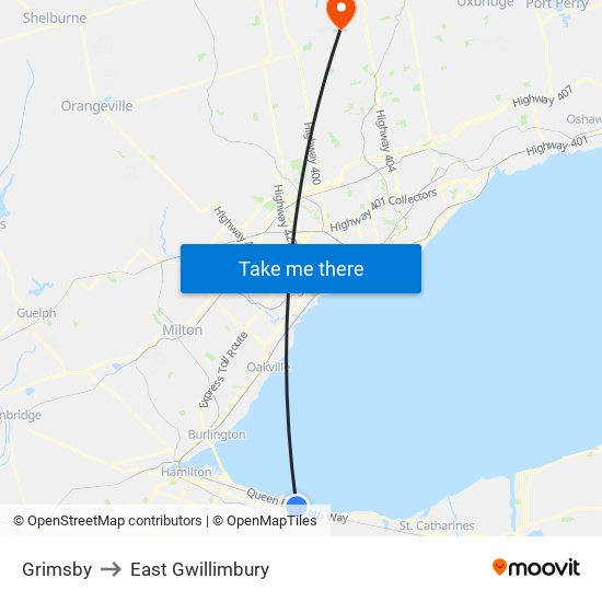 Grimsby to East Gwillimbury map