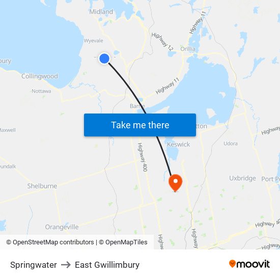 Springwater to East Gwillimbury map