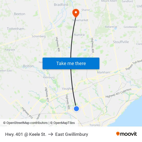 Hwy. 401 @ Keele St. to East Gwillimbury map