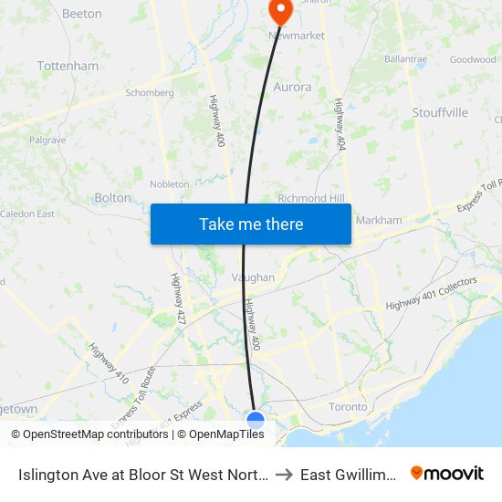 Islington Ave at Bloor St West North Side to East Gwillimbury map