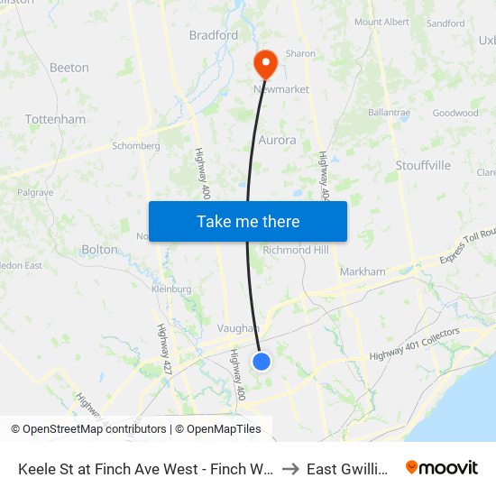 Keele St at Finch Ave West - Finch West Station to East Gwillimbury map