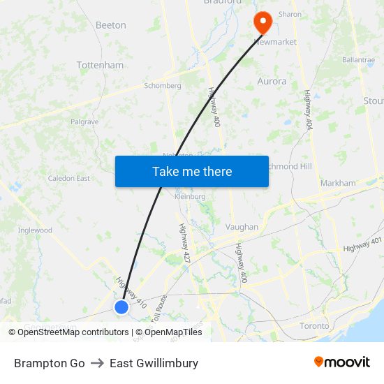 Brampton Go to East Gwillimbury map